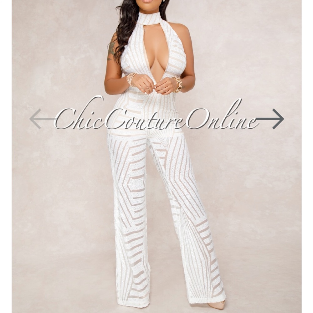 Jumpsuit white cutout sheer sparkles